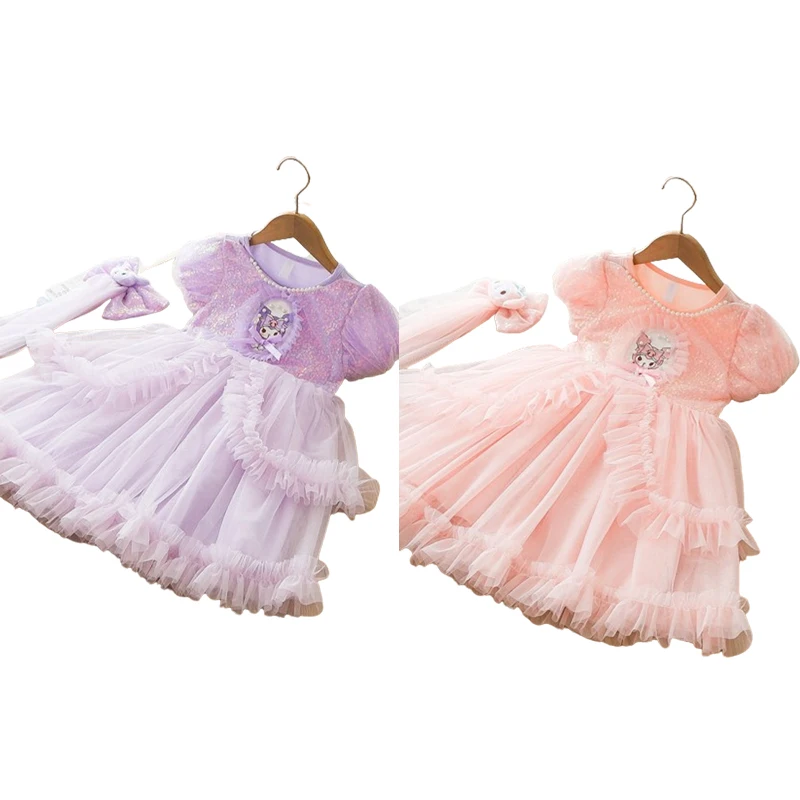 

Sanrios Kuromi Dress Animation Cartoon Kawaii Girl Summer Clothes Sequins Lace Pearl Bow Tie Sweet Short Sleeves Birthday Dress