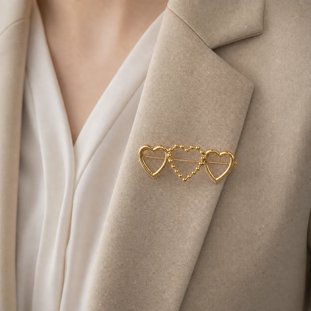 Women Hollow Heart Brooch, 3 Connected Hearts Gold Tone Metal Pin, Elegant Beaded Heart Lapel Pin, Clothing Scarf Decor Gift