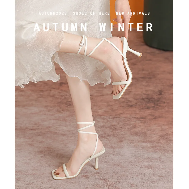 Pre-sale 2024 Summer New Square Head State with Temperament Open Toe Sexy High Heels with A Line with Sandals Women