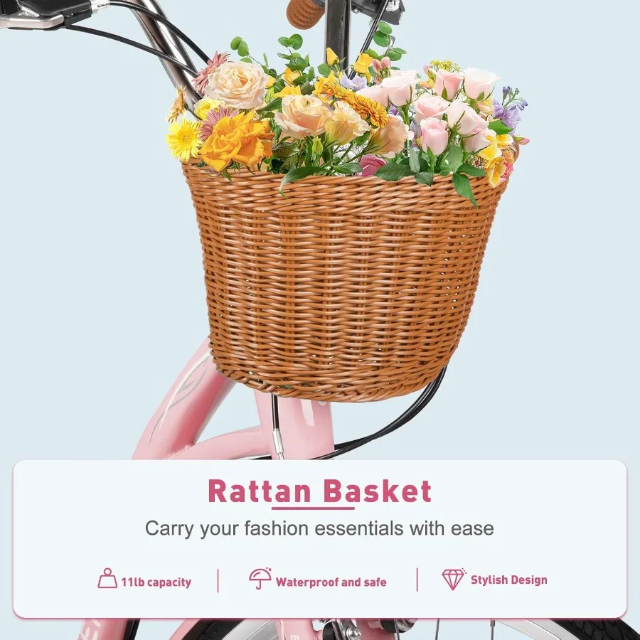 دراجة شاطئ كروزر قابلة للطي مقاس 26 بوصة للنساء مع نظام تروس 7 سرعات يتضمن سلة تخزين ورف خلفي مثالي للاتصالات الحضرية