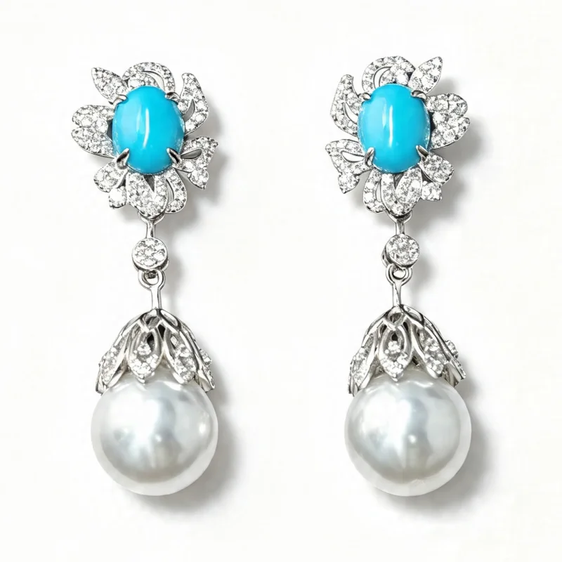 Pendientes Bellux de Plata 925 Chapados en Oro con Diamantes de Alto Carbono, Turquesa Sintética y Perlas Blancas, Pendientes de Girasol de Lujo