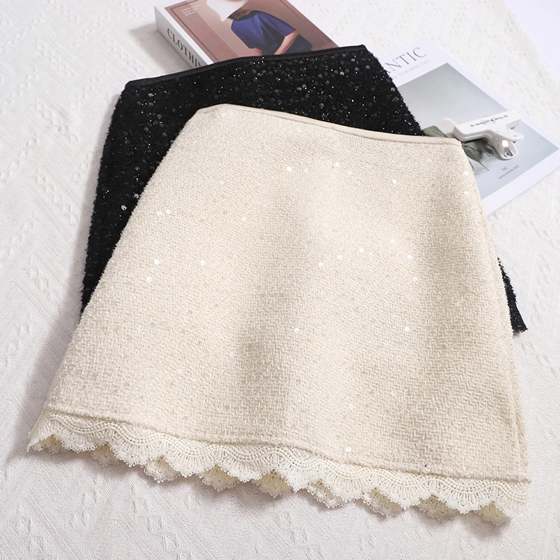 KUSAHIKI Autumn/Winter New French Style High Waist Hip Wrapped Skirt Sweet Lace Sequins A-line Short Skirts