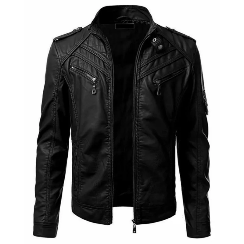 

Autumn Winter New High-Quality Leather Men's European and American Spliced Stand Collar Coat Plus Size Outerwear