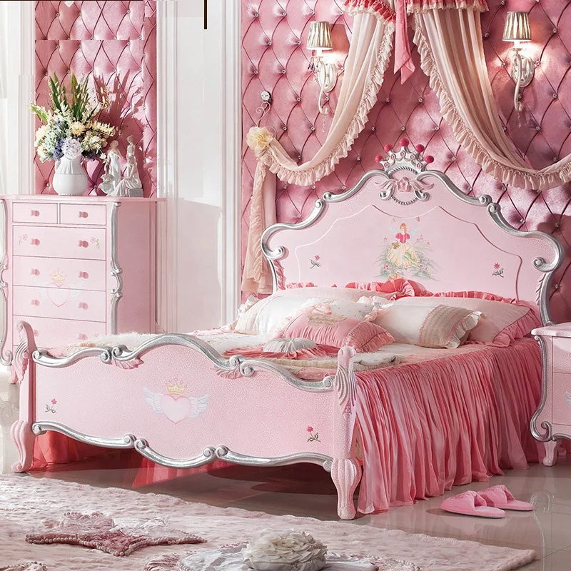 

European Style Carved Children Bedroom Furniture Set Antique Luxury Princess Leather Bed