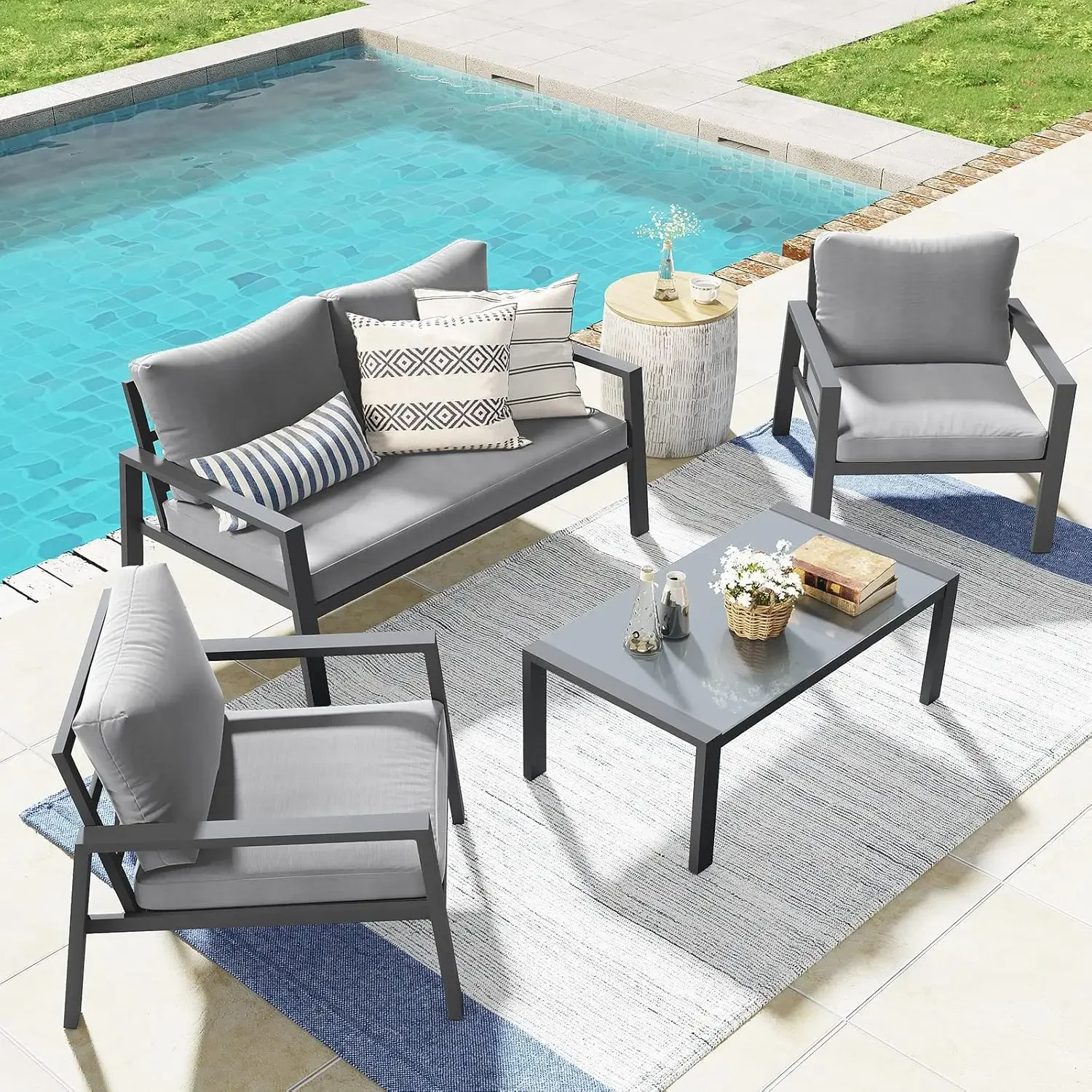 4-piece Aluminum Outdoor Patio Furniture, Patio Conversation Sofa Set with Removable Cushions, Tempered Glass Top Coffee Table