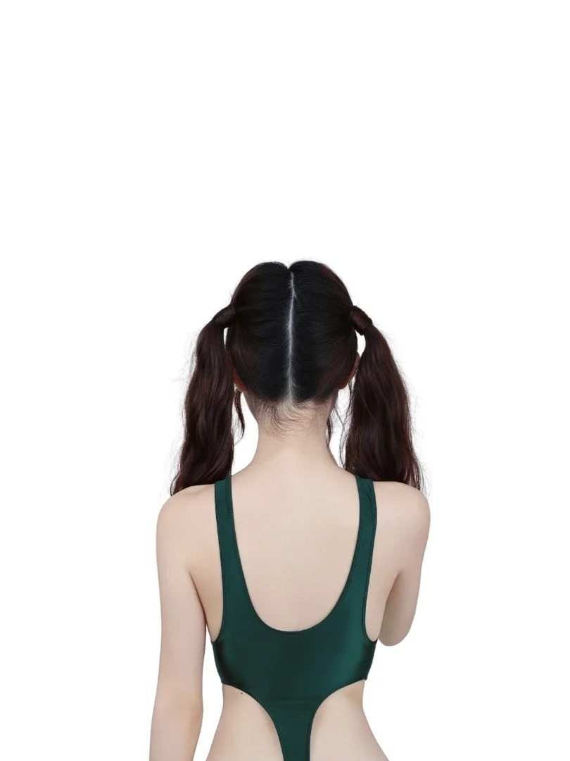 Sexy feminino oco para fora uma peça tanga alta corte bodysuit elástico collants óleo brilhante sem costas maiô retalhos empregada leotar