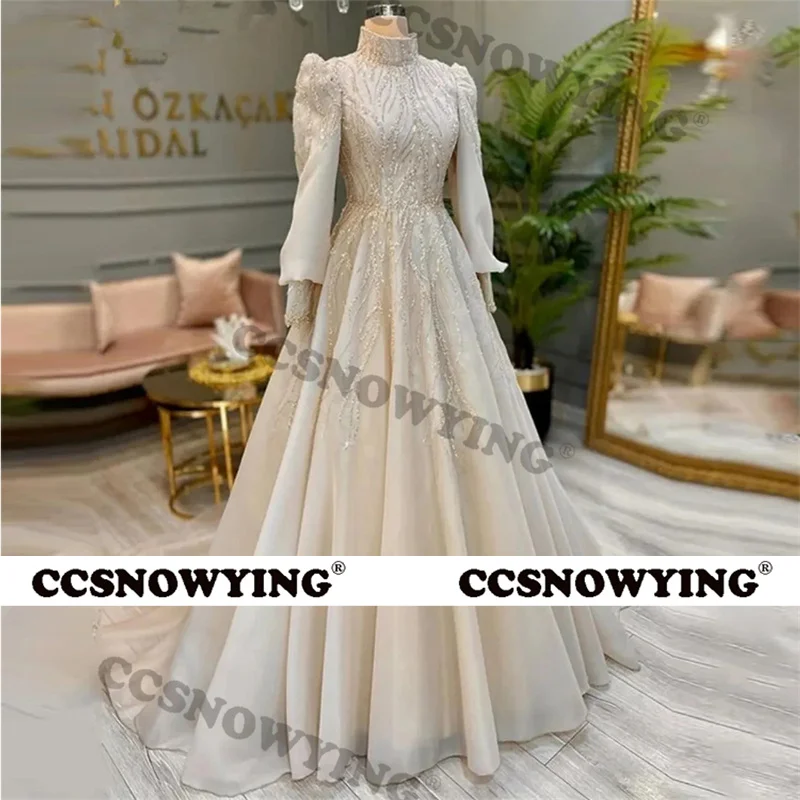 

Organza Appliques Beaded Muslim Evening Dresses Long Sleeve Hijab Prom Dress Women Formal Party Gown Dubai Kaftan Robe De Soiree