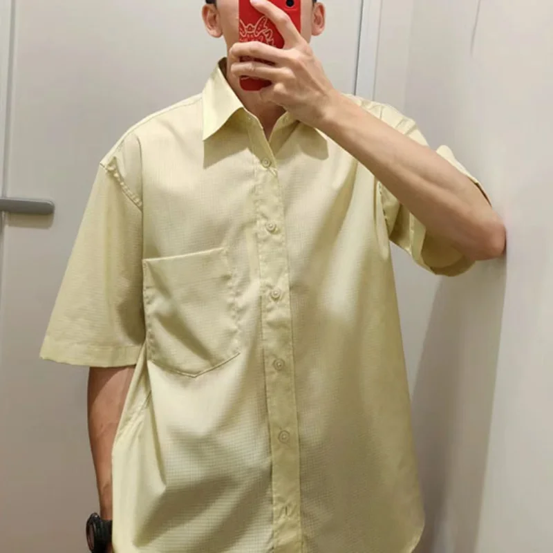 Japanese Men's Loose Solid Color Grid Texture Shirt Half Sleeves Ice Feeling Single Breasted Casual Shirt Daily Minimalist