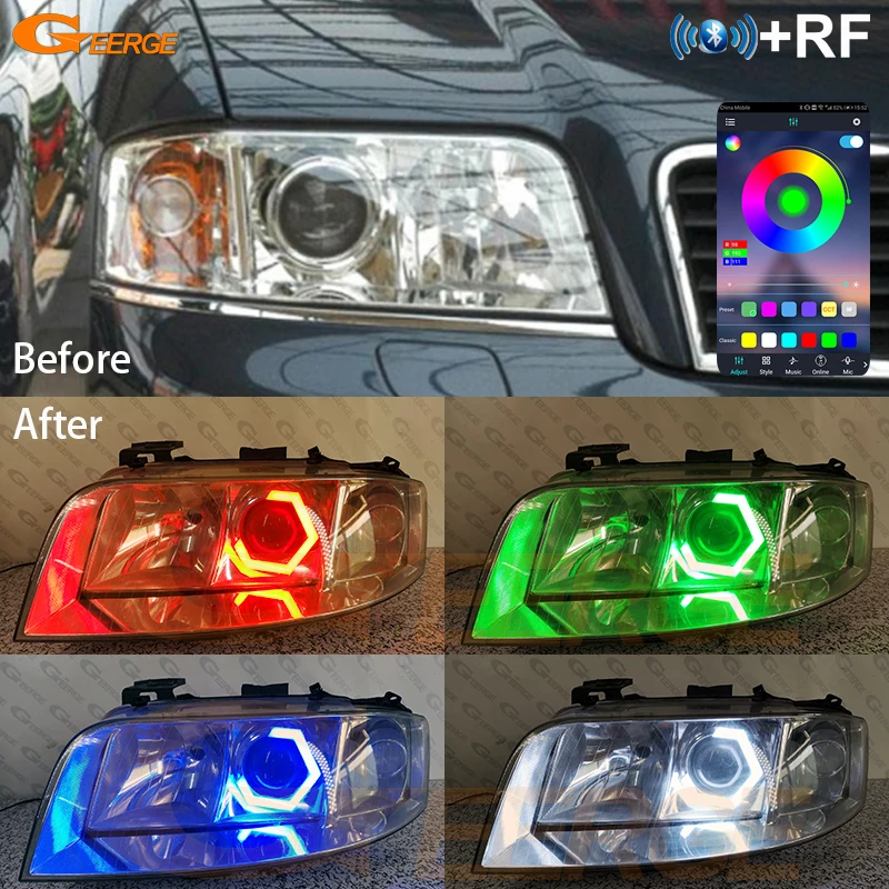 

For Audi A6 C5 4B S6 1997 1998 1999 2000 2001 Day Light Bluetooth APP Ultra Bright Multi Color RGB LED Angel Eyes Hex Halo Rings