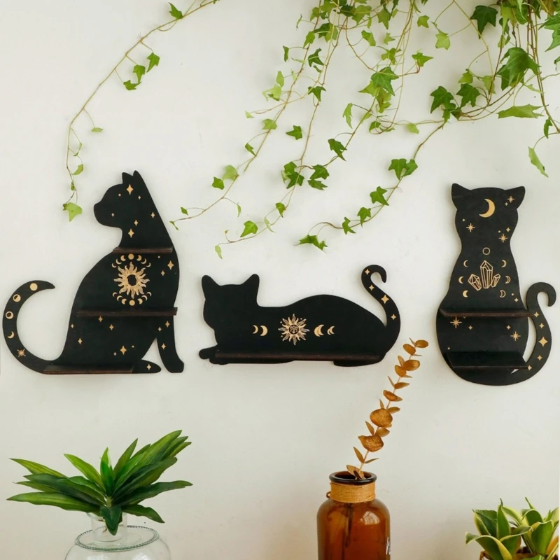 Estante cristal con gato, estante pared para Ramadán, estantes madera, decoraciones, soporte exhibición