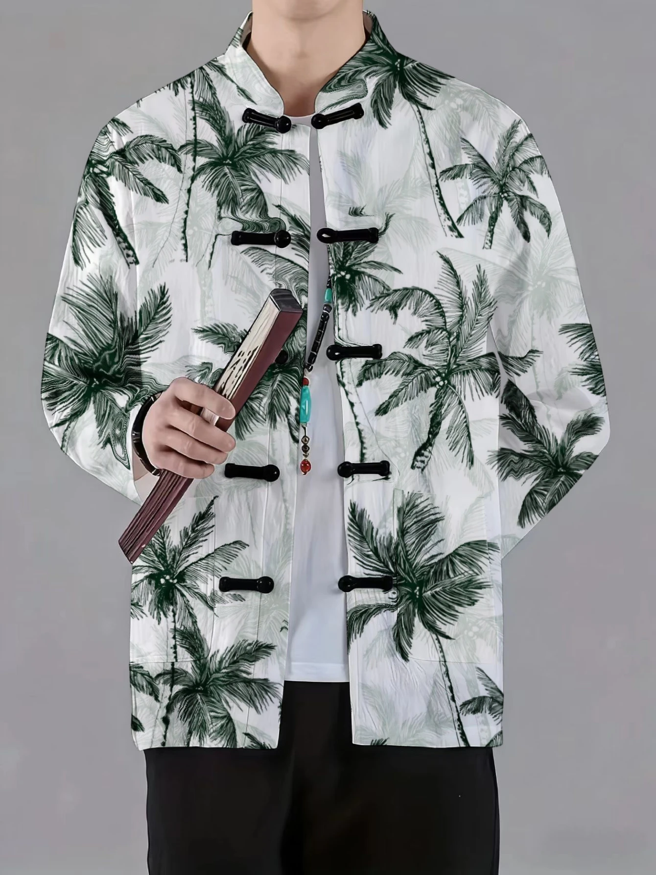 Men Mandarin Collar Frog Button Jacket Palm Tree Tropical Print Traditional Outerwear