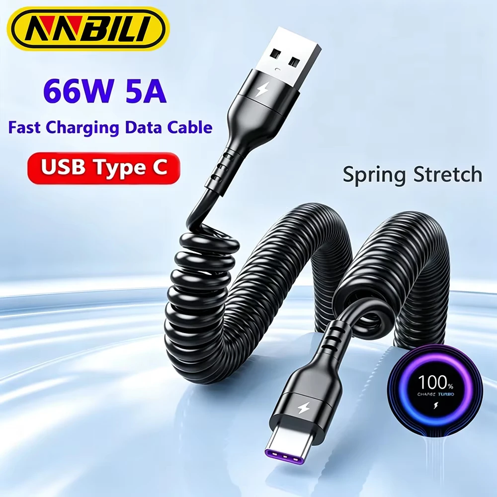 NNBILI USB to Type C 66W Car 5A Fast Charging USB to Micro Spring Telescopic Cable For Samsung Huawei Xiaomi Redmi OnePlus