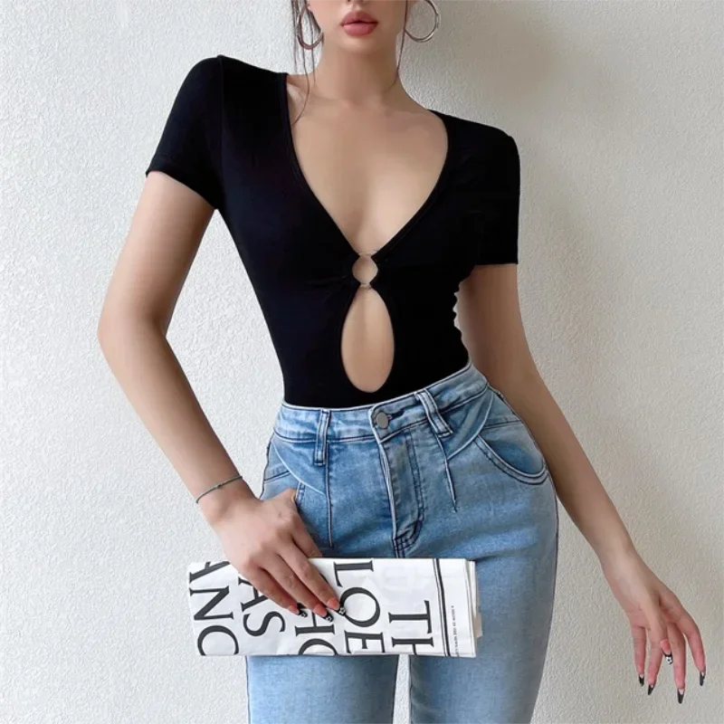 

Sexy Hollow Out Bodysuit Y2K Clothing Short Sleeves Bodycon T-shirt Women Summer Streetwear Slim Bodice Bodysuits Black