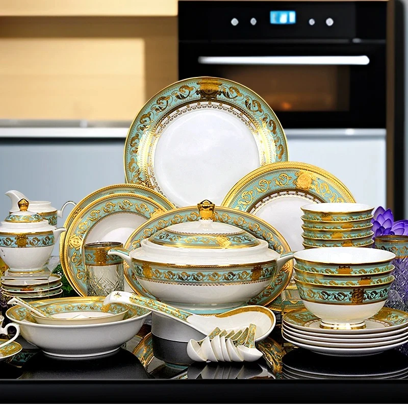

European High-end Dish Set, Household Light Luxury, High-end Housewarming Gifts, Bone China Relief Gold Tableware