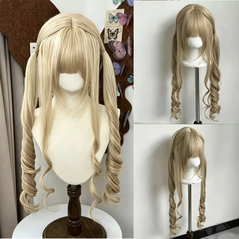 Blonde Double Ponytail Natural Long Synthetic Wig with Bangs Princess Cut Lolita Halloween Y2K Women Role Play