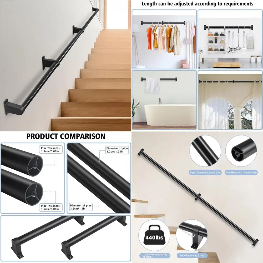 Metal Indoor Stair Railings Wall-Mounted 1.25 Diameter Handrails for Staircases Safety Support