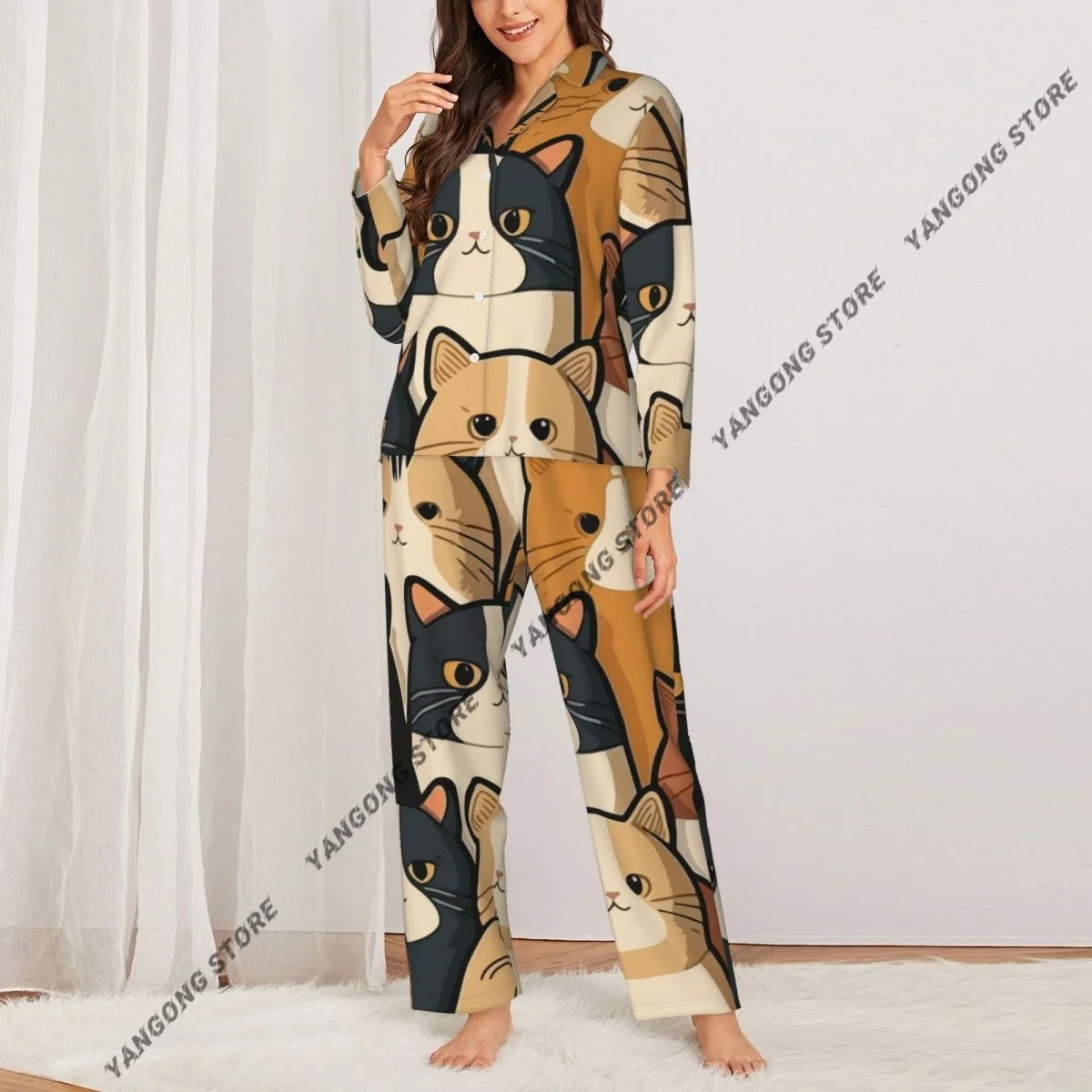 Spring and Autumn Long Sleeve Pants Pajamas Loungewear Set Cartoon Cats Pattern Women's Pull Edge Loose Sleeping Suit