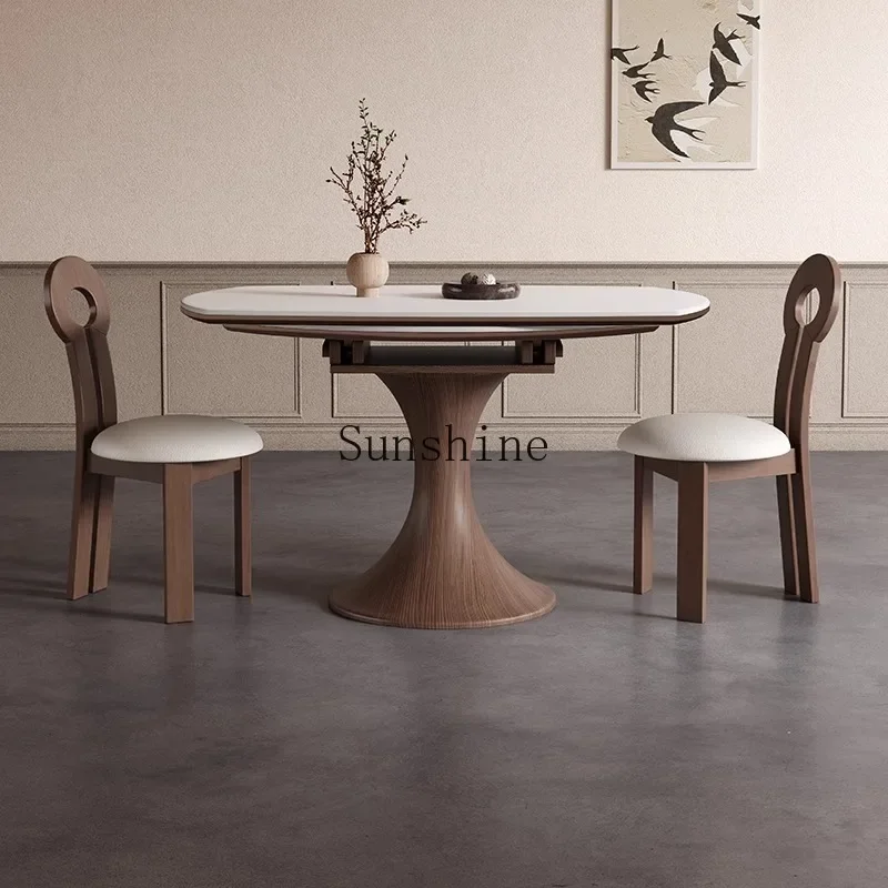 Retro style tulip rock slab solid wood dining table household small apartment retractable round modern light luxury dining