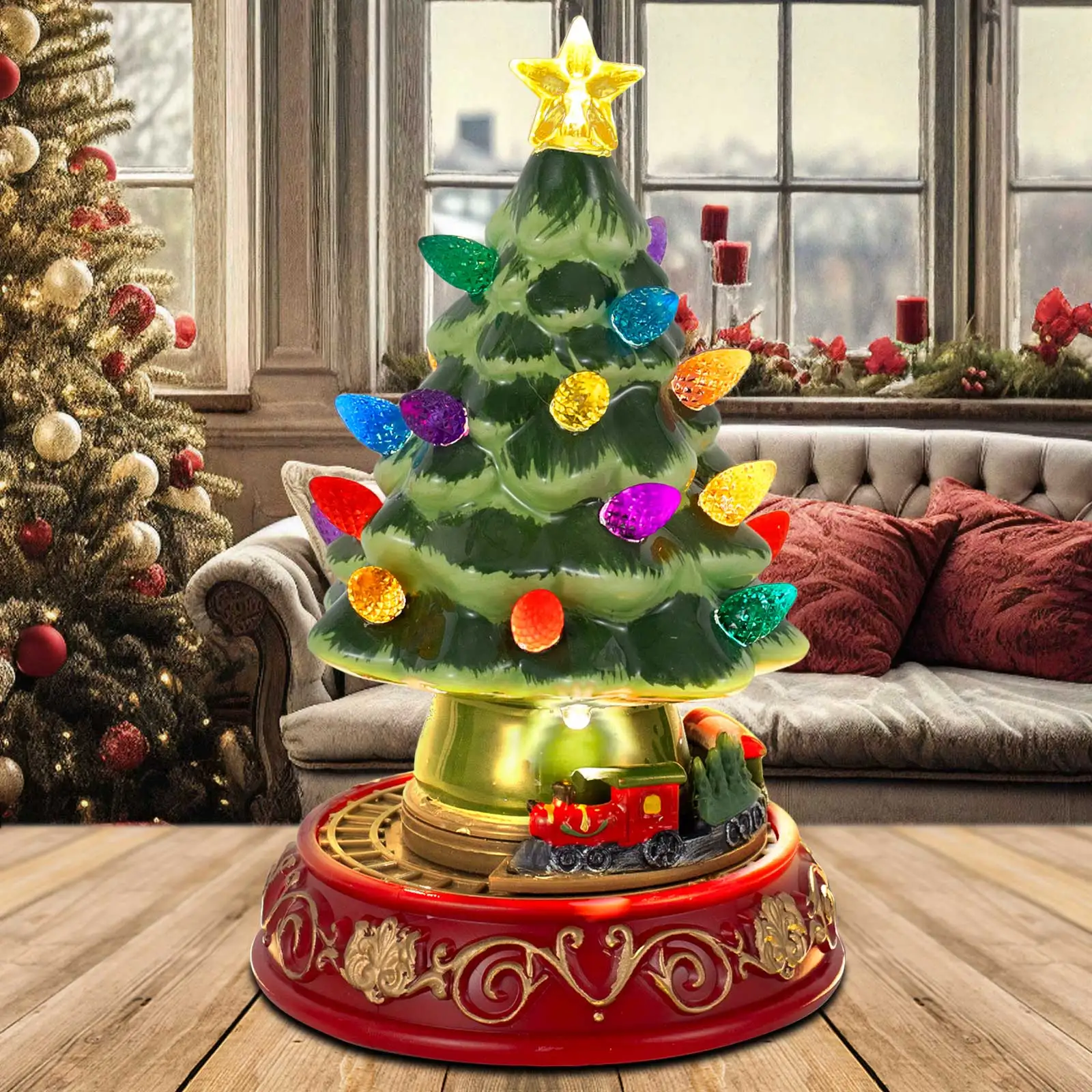 Lighted Christmas Tree with Rotating Train Prelit Tabletop Decor Animated Christmas Tree with Top Star Bulbs Xmas Decoration