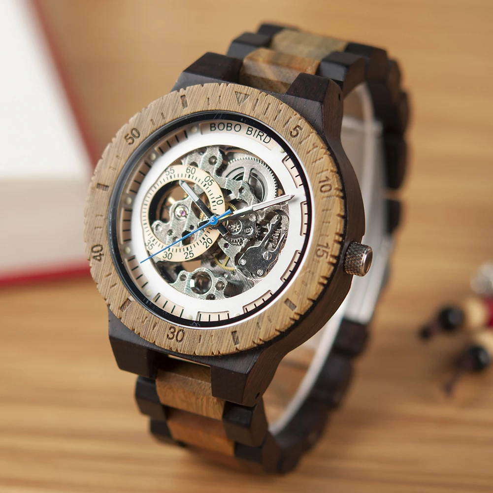 BOBO BIRD Wood Mechanical Watches For Men Red Sandalwood Luxury Automatic Wrist Watch Skeleton Watch Father\'s Day Gift Custom