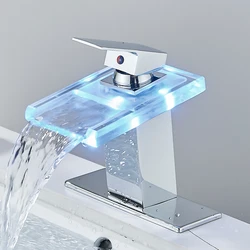 LED Bathroom Sink Faucet Brass Waterfall Temperature Colors Change Bathroom Mixer Tap Deck Mounted Wash Sink Glass Taps