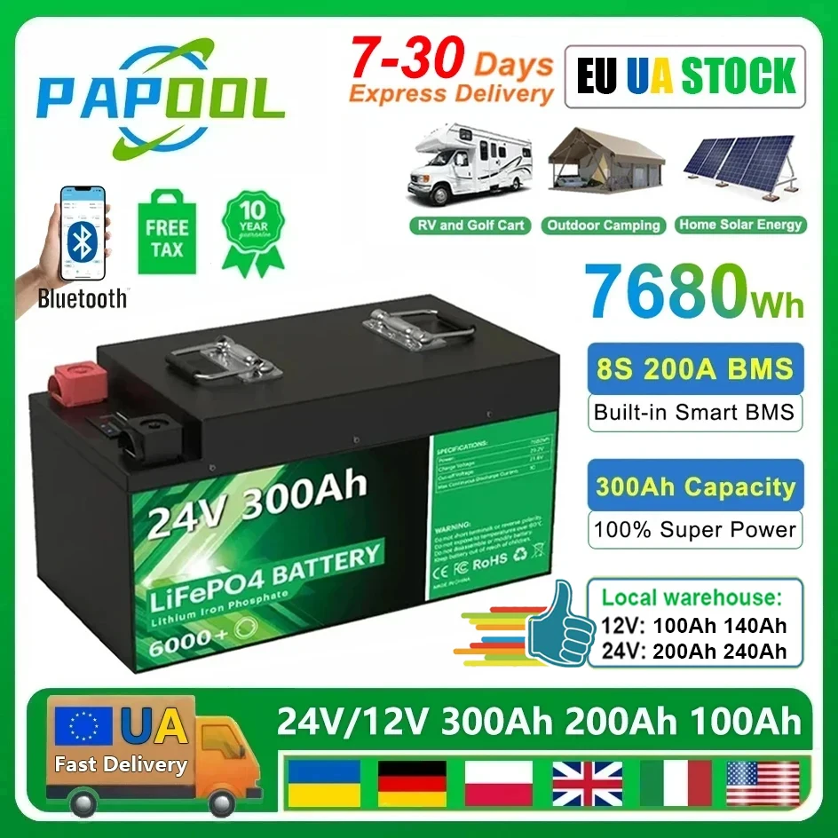 LiFePO4 24V 300Ah 200Ah 12V 100Ah 140Ah 48V Battery Pack 7680Wh Grade A 6000+ Cycles RV Golf Cart Boat Solar Battery EU UA STOCK