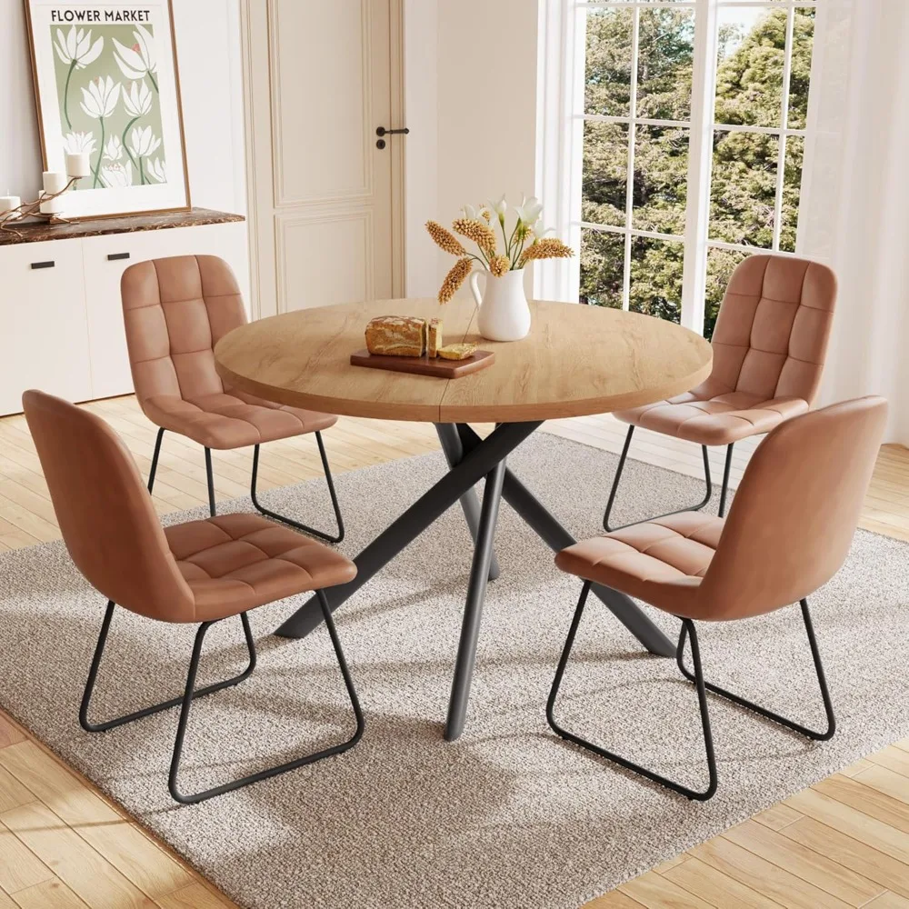 45.3 Inch Round Dining Table Set for 4, Mid Century Modern Small Kitchen Coffee Table Set (Table + 4 U-Shaped Brown Chairs)