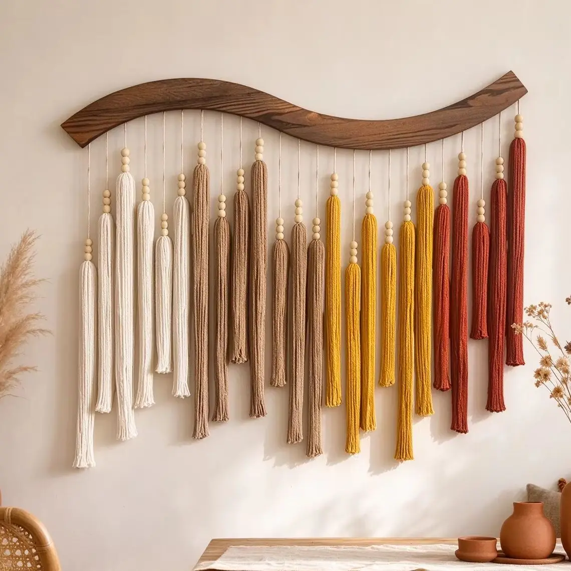 Macrame Wall Hanging, Wall Hanging Decor, Handmade Cotton Tassel Tapestry, Boho Wooden Rod Wall Art for Bedroom Living Room