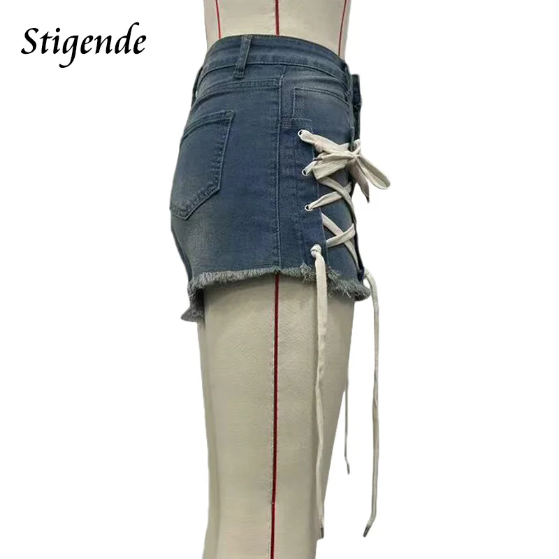 Stigende Patchwork Lace Up Shorts Jeans Women Sexy Washed Bandage Denim Shorts