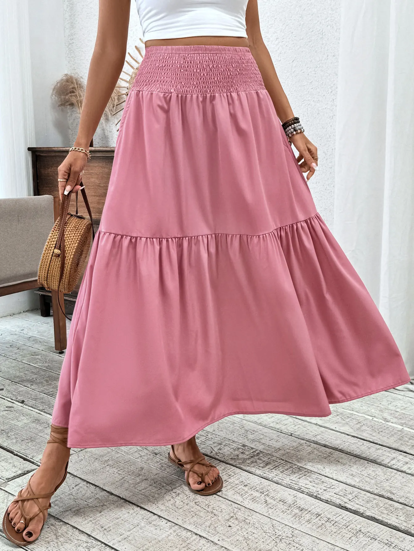 Women's Boho Floral Print Skirt Vintage High Waist Maxi Skirts Summer Casual Loose Beach Skirt Elegant Ladies Flowy Ruffle Skirt