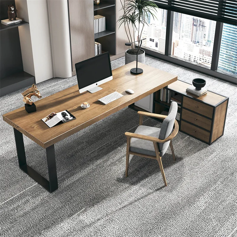 Solid wood desk office Modern president office furniture Computer desk with side cabinet