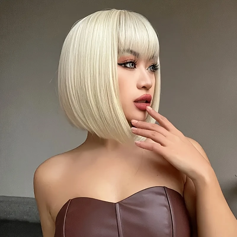

European American shoulder-length for women, natural and voluminous full head wigs with bangs, available in multiple co