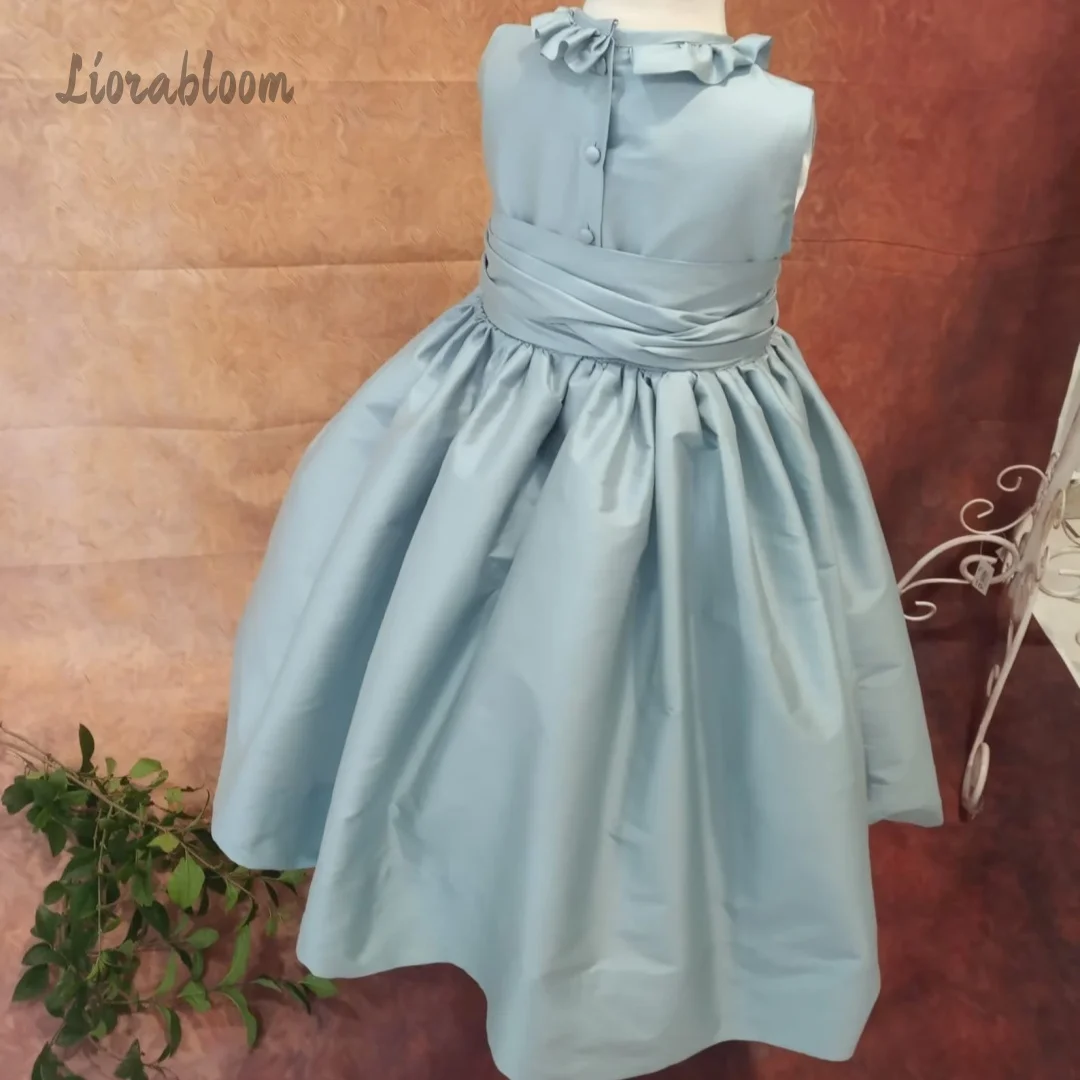 Abito formale blu da bambina con colletto in pizzo e fascia con laccetti sul retro, abito da damigella d'onore per matrimoni e feste