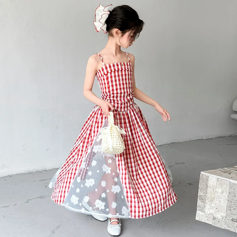 

French Lace Embroidery Patchwork Blue Checkered Camisole Dress for Girls Summer Waist Pinching Beach Vacation Long Dress Trend