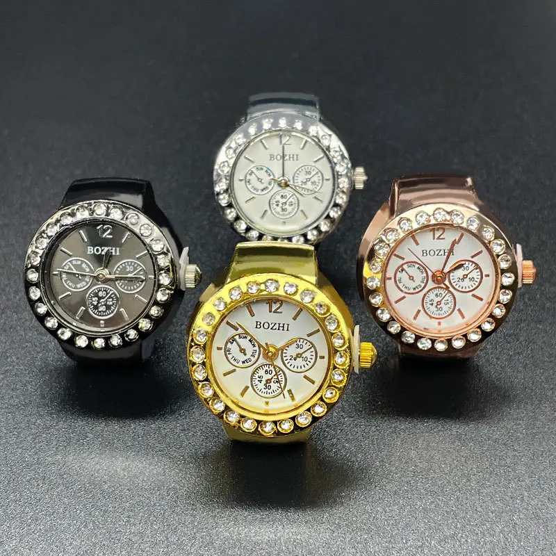 Creative Clock Shape Watches Rings Movement Quartz Rhinestone Decor Watch Finger Ring Punk Mini Elastic Strap Ring Jewelry Gift