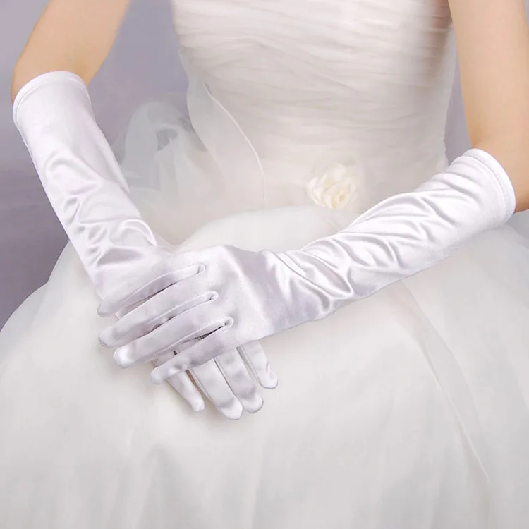 Weiße Satin-Handschuhe für Bräute, 23 cm, 38 cm, 55 cm, elegantes Design für festliche Anlässe. – Detail 4