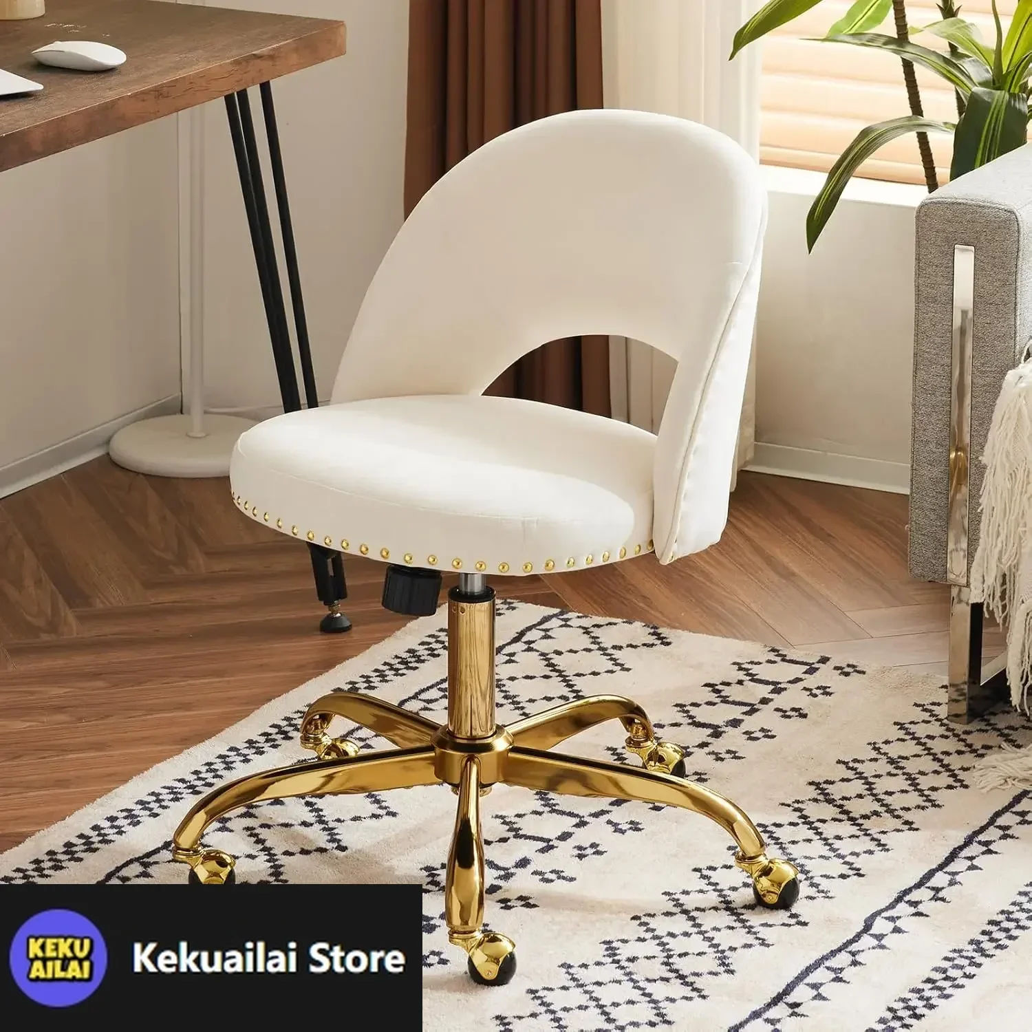 

Modern Velvet Small Office Chair,Cute Desk Chair with Wheels,Gold Base/Studs, Comfy Armless Swivel Vanity Task Chair for Women