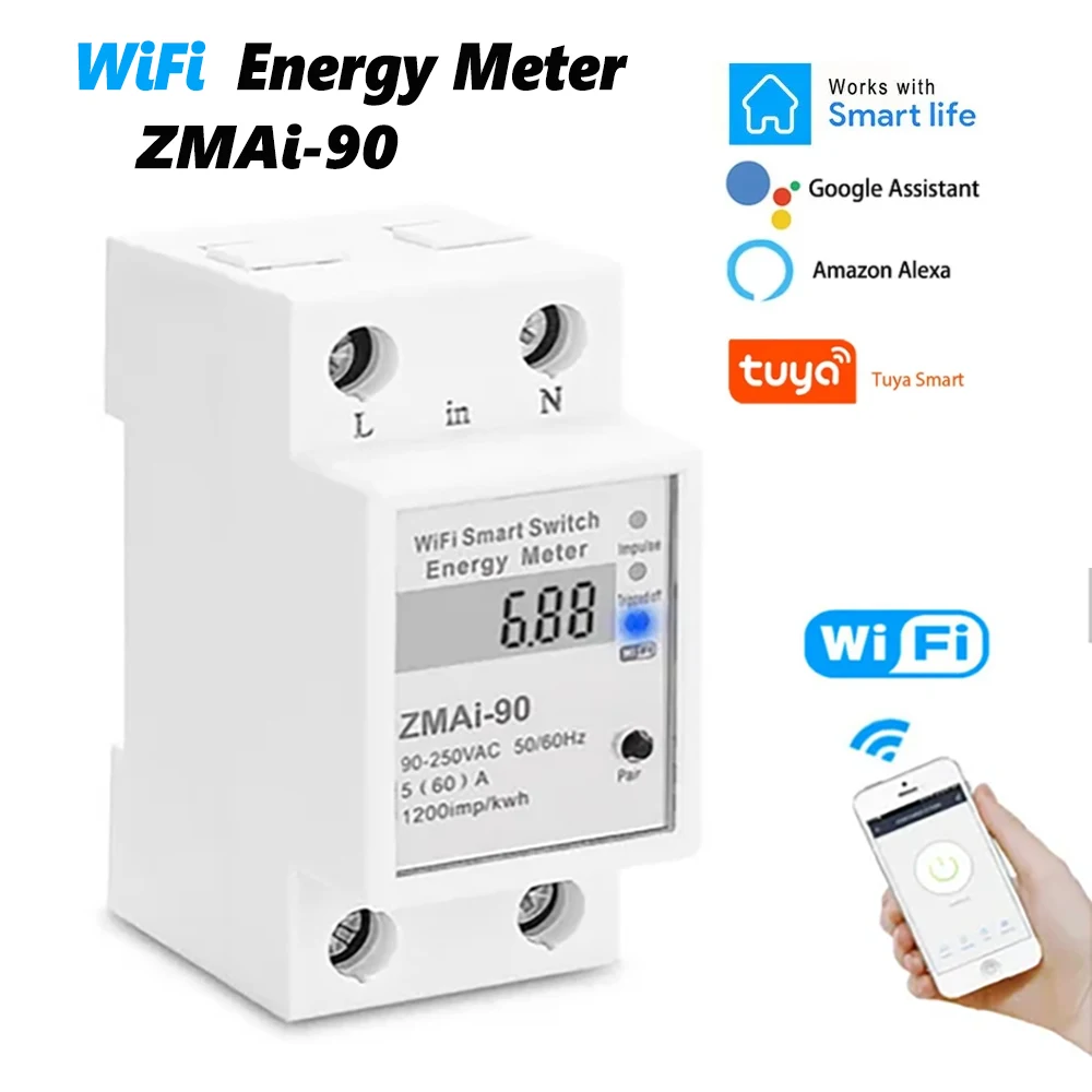 Wifi DIN Rail  Smart Energy Meter 5(60)A Digital Electric Consumption kWh WiFi kwh Meter Tuya smartlife google alexa