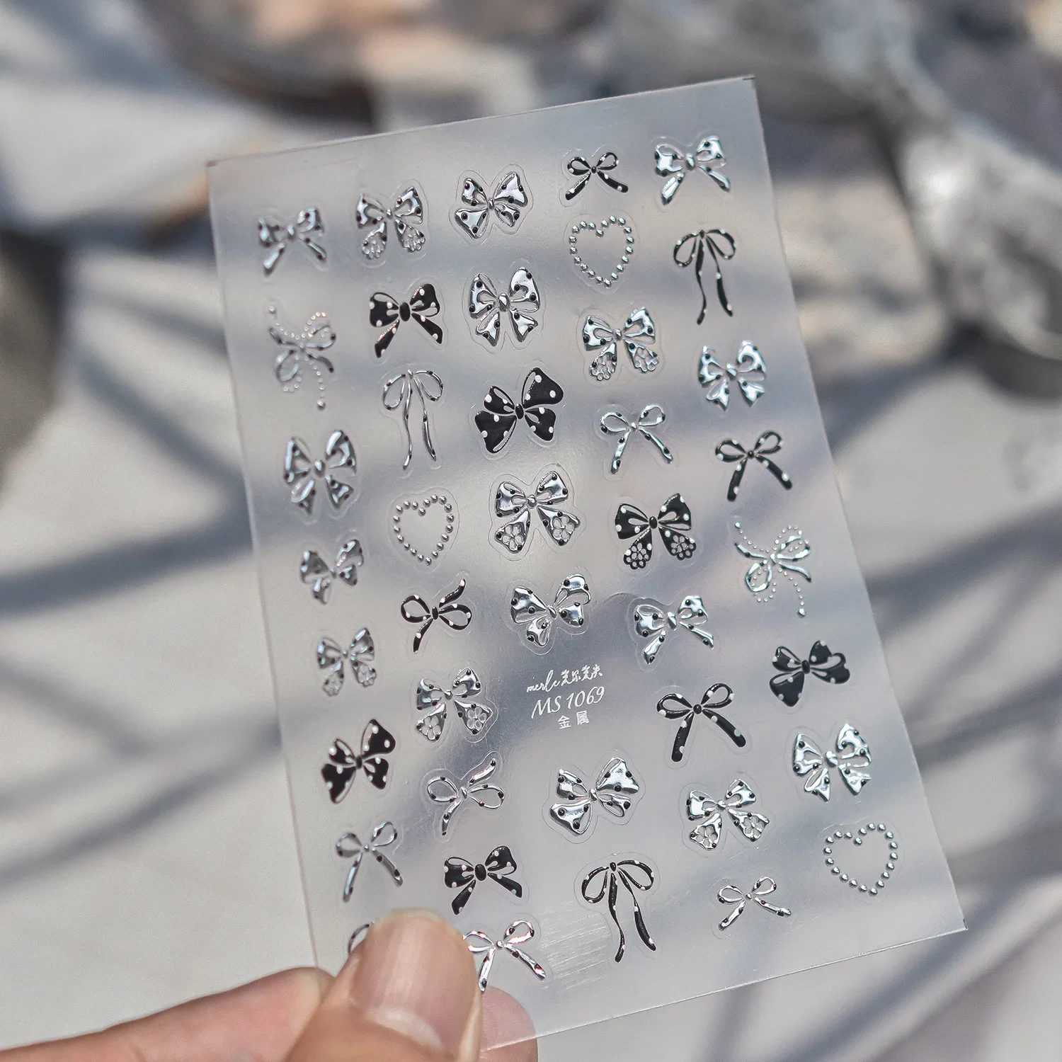 Metal Bow Nail Art Stickers 5D Silver Foil Dots Bowknot Dangling Streamer Crystal Heart Border Minimal INS Nail Decals Manicure