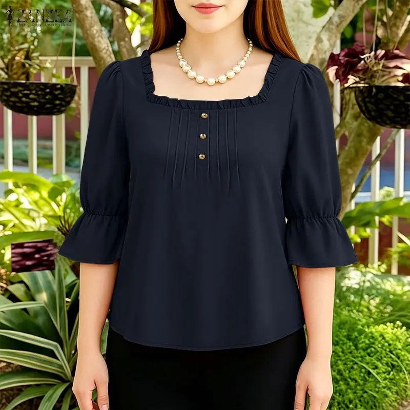 

ZANZEA Summer Elegant Square Neck 3/4 Sleeve Blouse Women Tops Stylish Ruffled Work Shirt Causal Solid Color Blusas Mujer 2026
