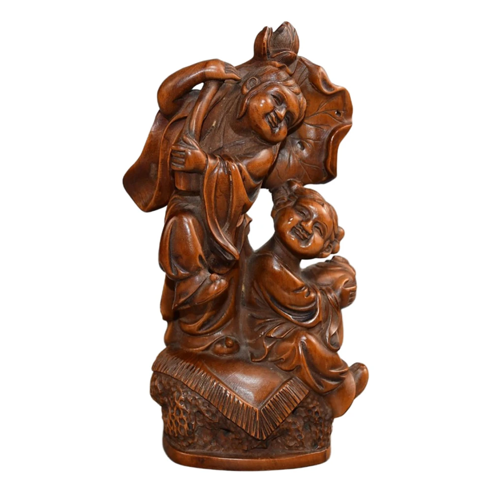 Bois chinois sculpture en bois Hehe Immortals Statue double bénédiction garçons Lotus Figurine harmonie Union unité joie sort culte paix