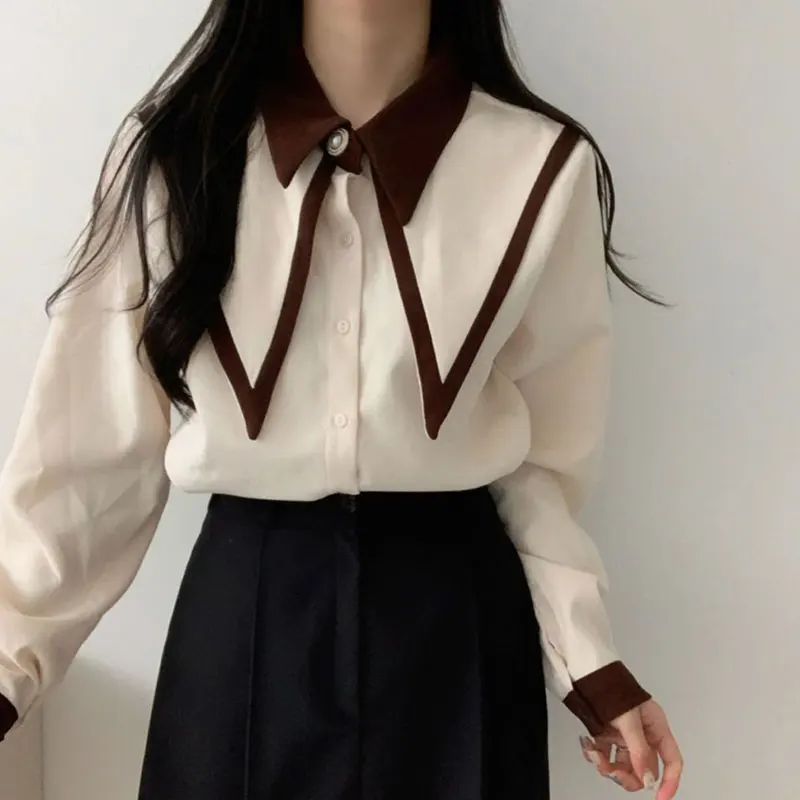 Vintage Chiffon Shirts Women Elegant Patchwork Long Sleeve Blouses Office Lady Korean Black Turn Down Collar Casual Tops Blusas