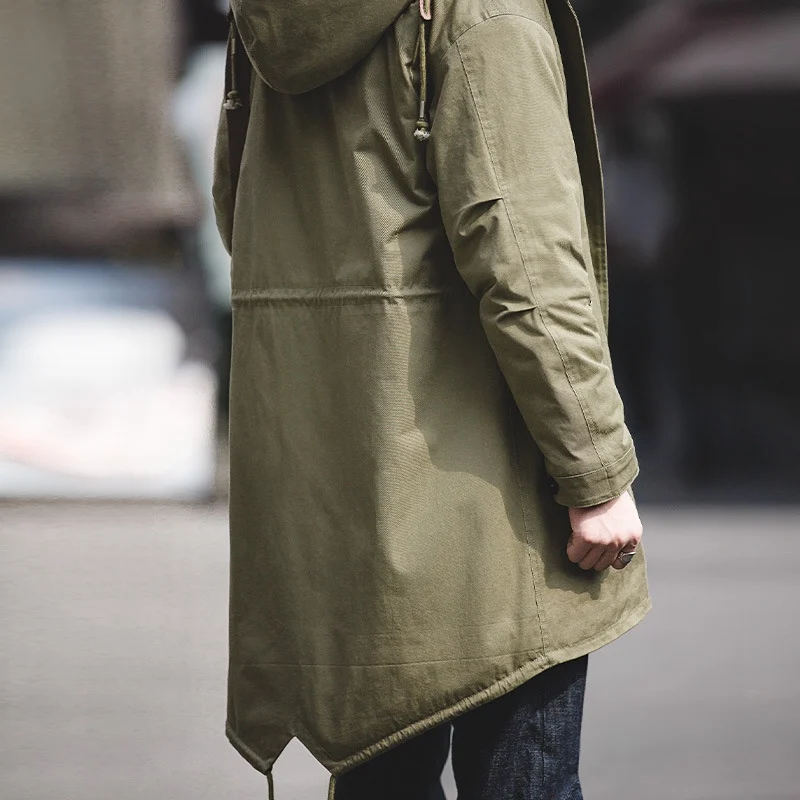 

Maden Men's Cotton Jaet New Retro American Sle Fi Tail Coat Hooded Mid-Length Coat Thiened Casual Outerwear