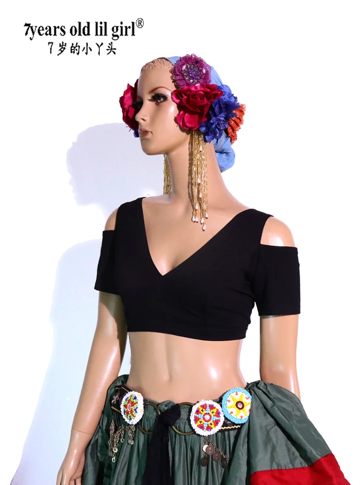 Costume tribale di danza del ventre in cotone Lycra Choli Drop a maniche corte CFF23