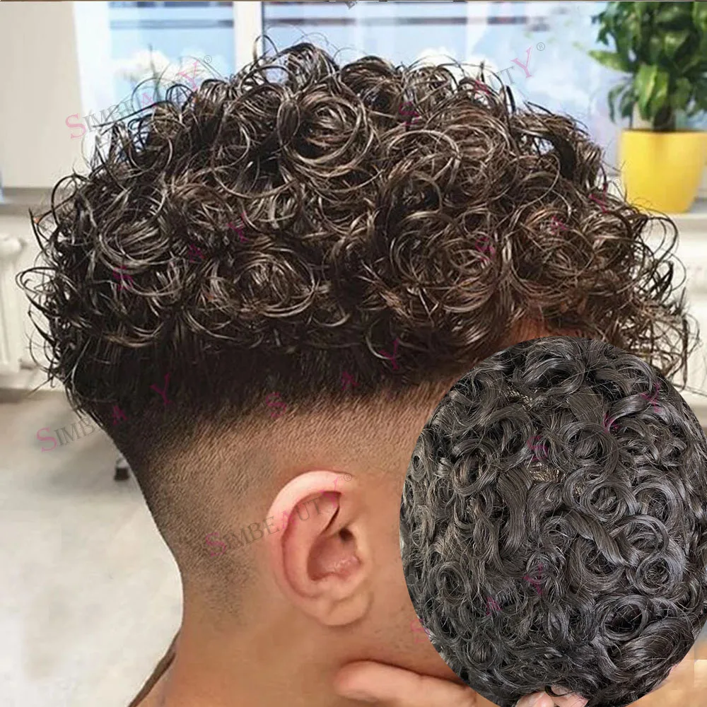 Tupé rizado de 20MM de encaje suizo y piel fina de PU para hombres Q6 Base de encaje frontal pelucas de cabello humano sistema de reemplazo piezas de cabello de prótesis