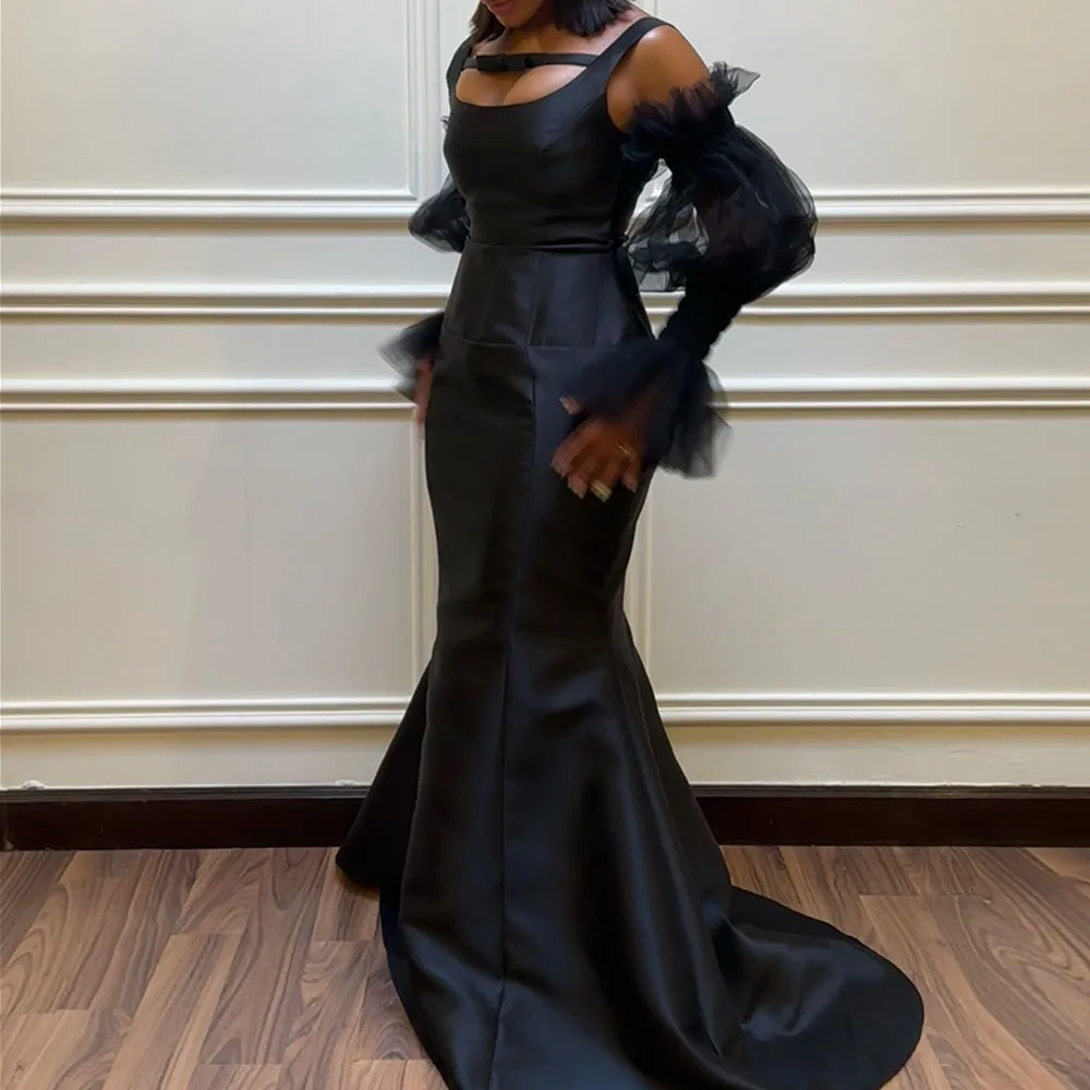

Customized Mermaid Evening Dresses Floor-length Square Collar Full Sleeve Prom Gown Simple Fashion Backless Draped Party Gown