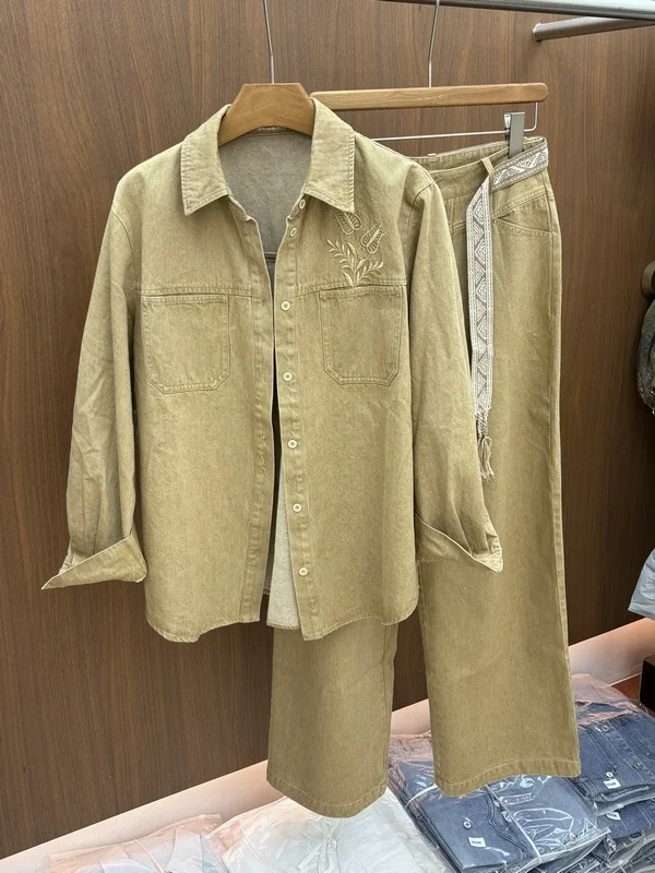 

Ретро-рубашка из денима с вышивкой, свободный крой, женская модель, весна 2026, с эффектом похудения, многослойный топ, бренд Tagkita, хлопок, длинный рукав