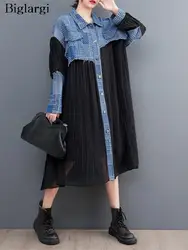 Abito camicia Midi autunno oversize donna stampa scozzese Denim Patchwork abiti da donna pieghettati moda abito donna Casual allentato 2023