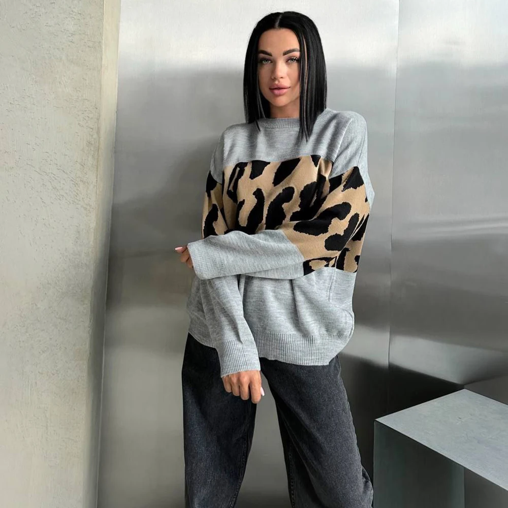 Autumn Winter Vintage Leopard Print Women's Sweater Loose Causal  Knitwear Women Fashion  Female Clothing
