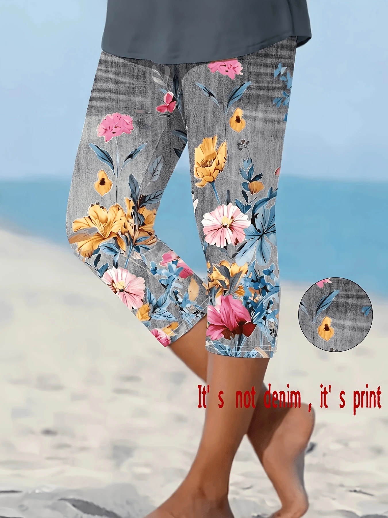 Women Floral Print Capri Leggings, High Stretch Faux Denim Skinny Cropped Pants, Versatile Sports Casual Slim Fit Ankle Trousers